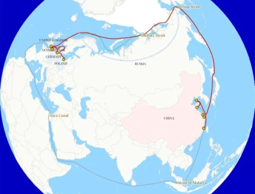 Опубликована карта «Ледяного шелкового пути» из Китая в Европу: контейнеровоз прошел этим маршрутом за 20 дней