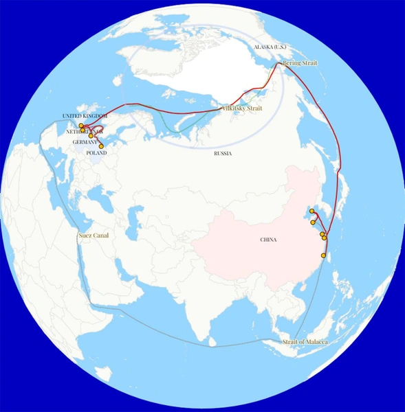 Опубликована карта «Ледяного шелкового пути» из Китая в Европу: контейнеровоз прошел этим маршрутом за 20 дней