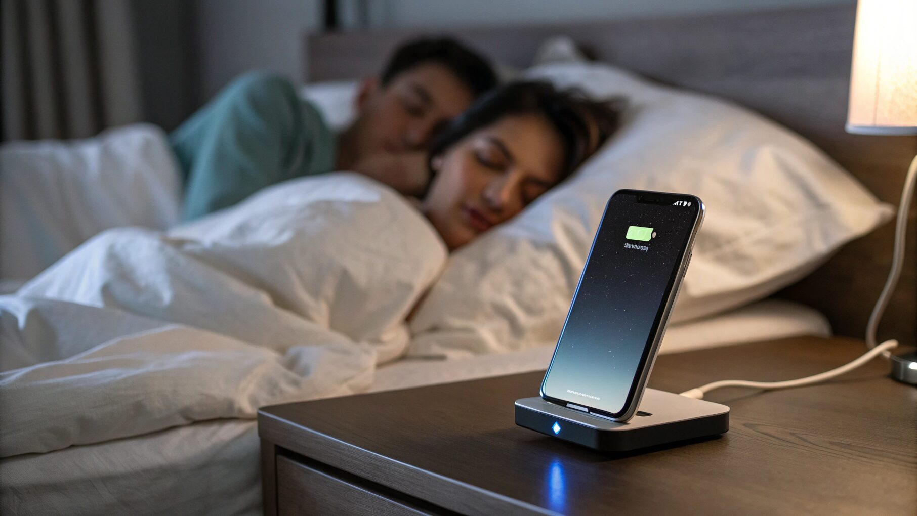 смартфон заряжается ночью на столике